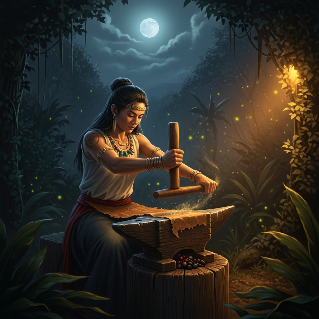 Hina at her wooden anvil in the moonlight, beating bark cloth in a rhythm that has not stopped for a thousand years — yet.