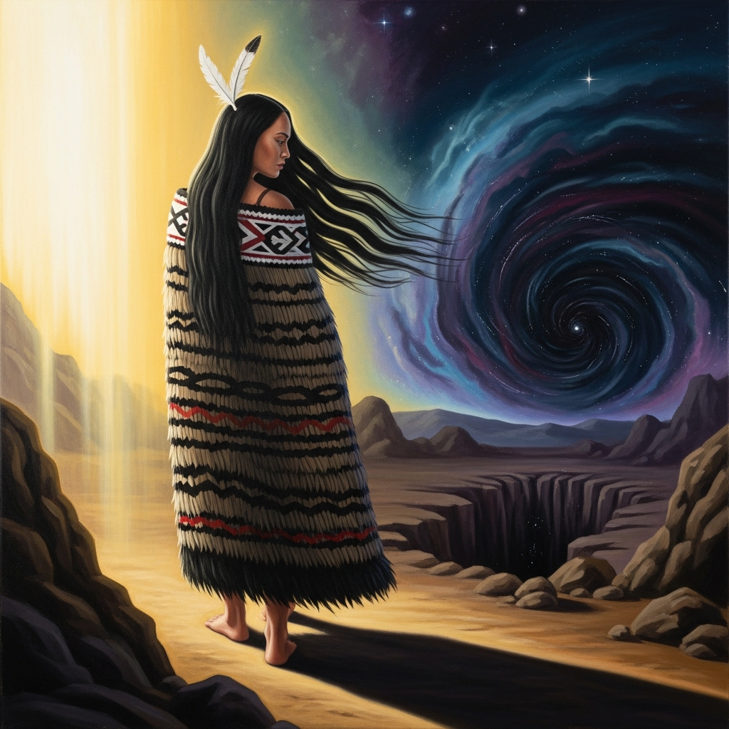 Hine-titama turning toward the underworld, walking away from the light she was named for, choosing to become the darkness that will receive her children.