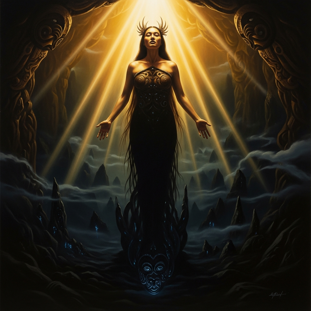Hine-titama, the Dawn Maiden, descending into the underworld — her beauty becoming the absolute dark of Hine-nui-te-po as she transforms herself into death's guardian.