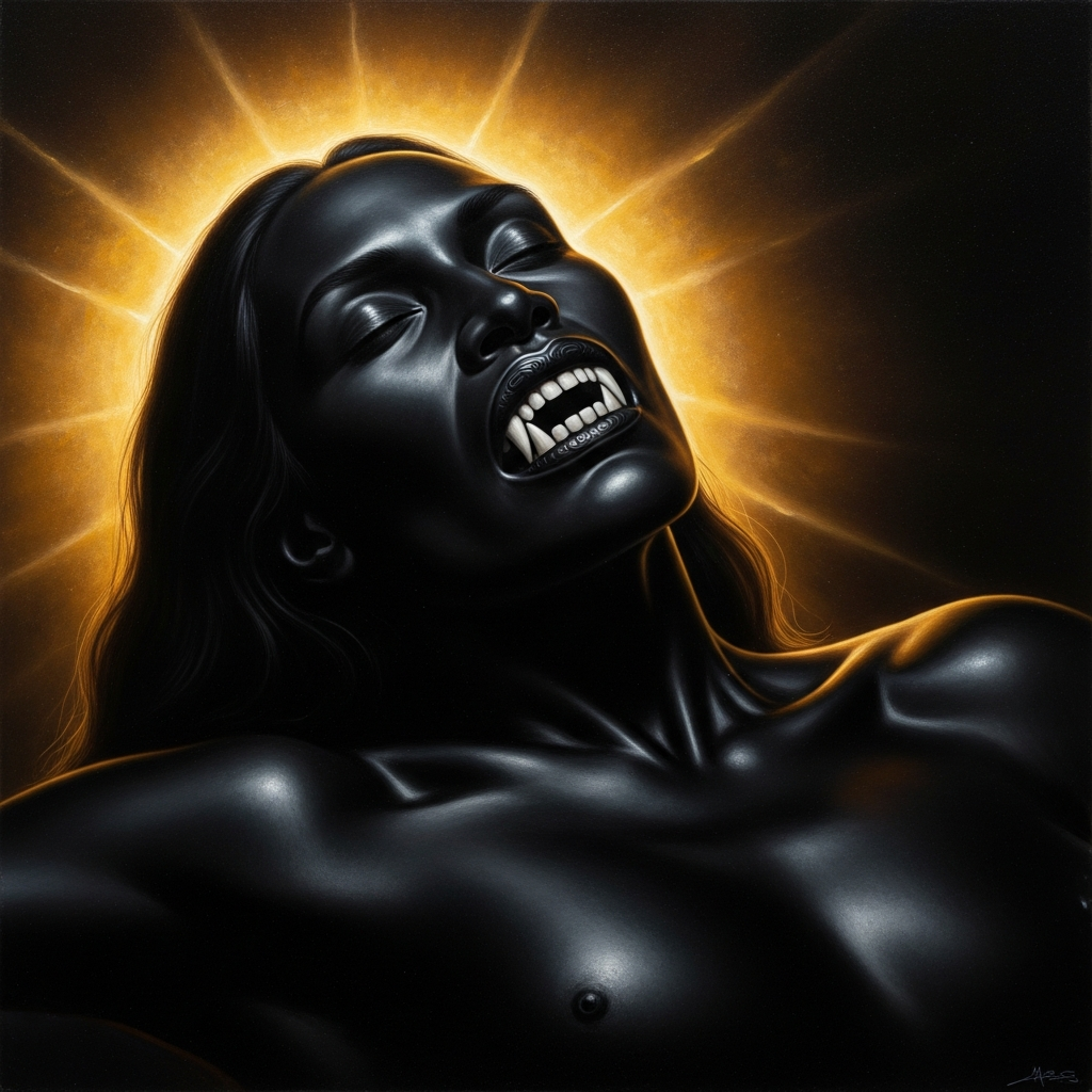 Hine-nui-te-pō at rest — obsidian eyes closed, her mouth open like a barracuda's, the darkness of her body absolute and total.