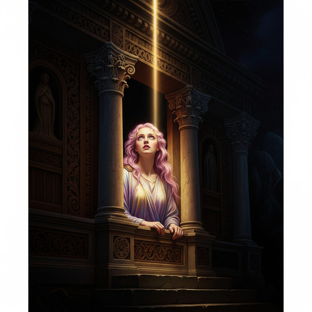 The Dawn Maiden at the post of the house, asking who her father is — and the terrible silence that follows.