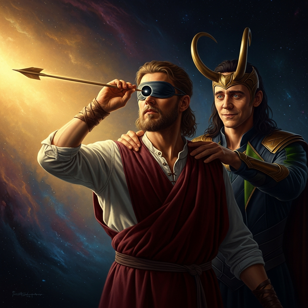 Höðr, blind, guided by Loki's quiet hand. He throws. The dark at the center of his sight is absolute. He does not know that anything has changed until the gods go silent.
