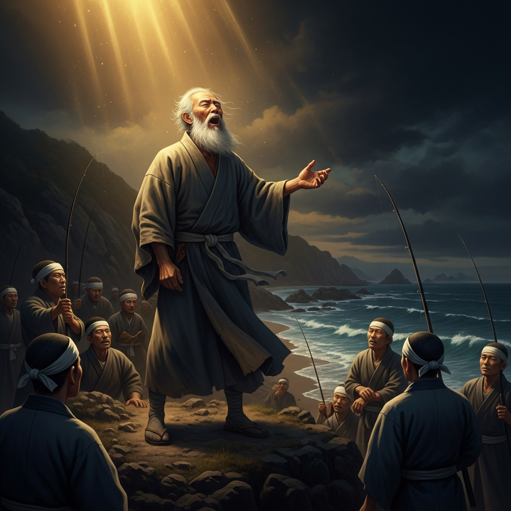 1207. Seventy-five years old, defrocked, sent into exile in Tosa. He keeps saying the name. The fishermen on the southern coast learn it from him.