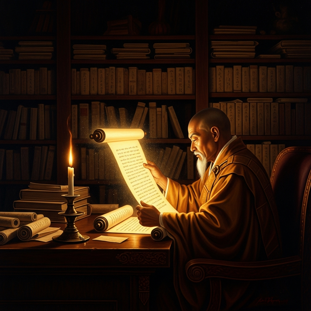 1175. Hōnen at his desk on Mount Hiei reads the line in Shandao that breaks open his life. The candle bends. The whole library suddenly looks like it has been pointing at a single sentence.