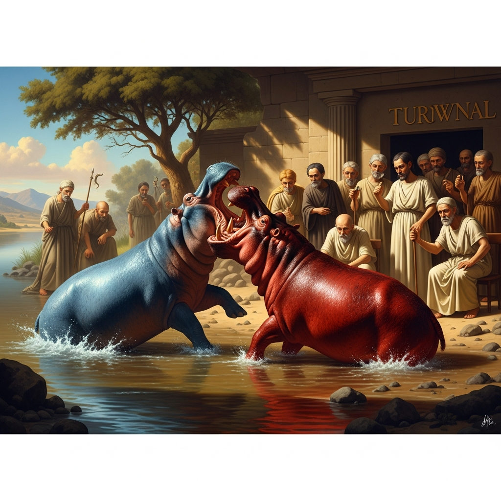 The river at midday, two hippopotami fighting in the shallows — one the color of the sky, one red as desert clay. The tribunal watches from the banks. They have been watching for a very long time and they are not certain this will resolve anything either.