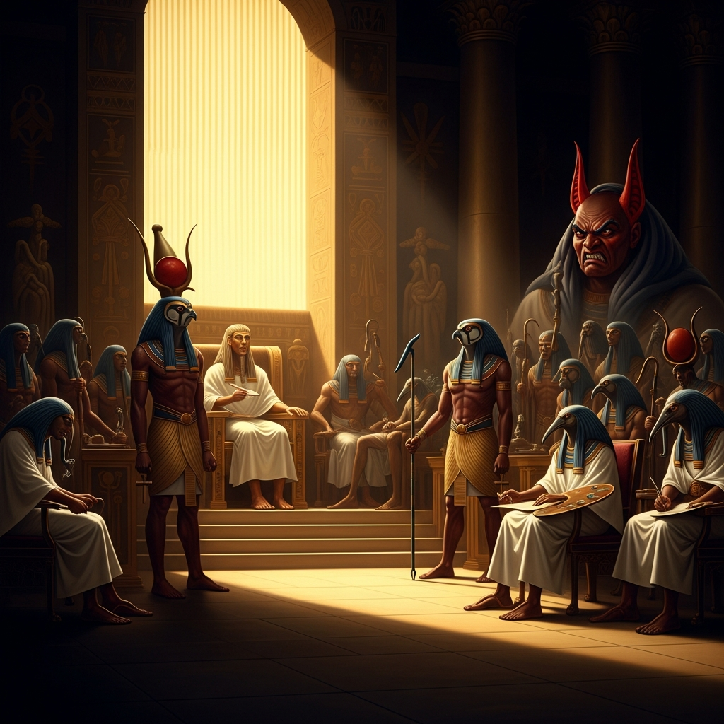 The tribunal of the Ennead in session: Ra-Atum presiding on a high throne, the gods arranged on either side, Horus standing with his falcon head and the crook and flail of kingship, Seth enormous and red-eared and furious, Thoth with his palette recording every word. The hall is vast and the proceedings have been going on long enough that some of the gods look tired.