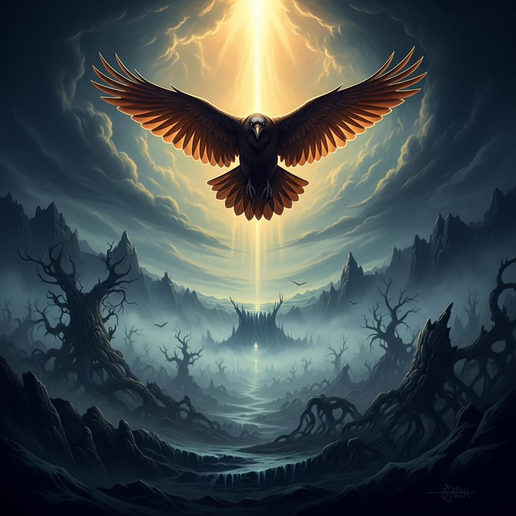 Huginn above Niflheim's mist. The ice below is so white it is blue. Niðhöggr stirs somewhere beneath the lowest root. Even Thought does not go below the mist.