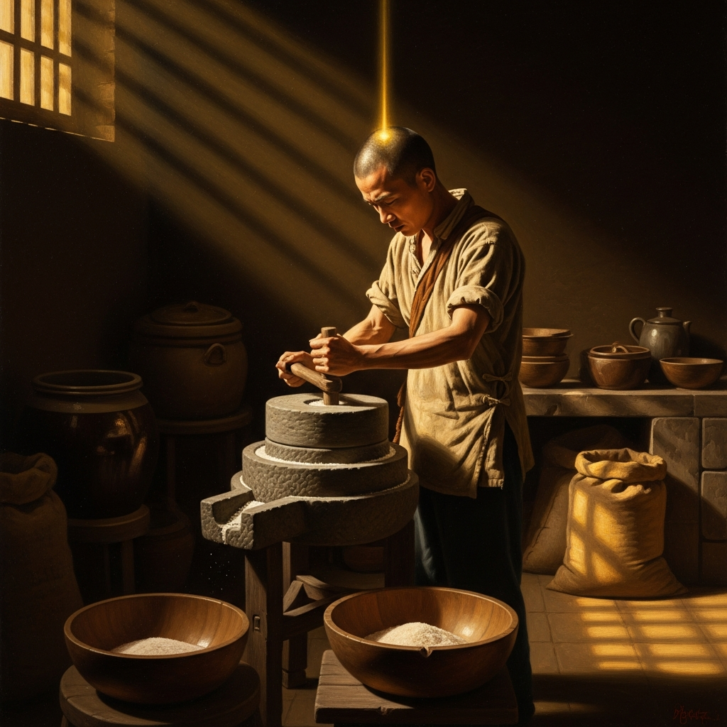 Hui-neng in the kitchen at Huangmei, grinding rice with a stone tied to his back to add weight. He has been here eight months. No one has spoken his name.