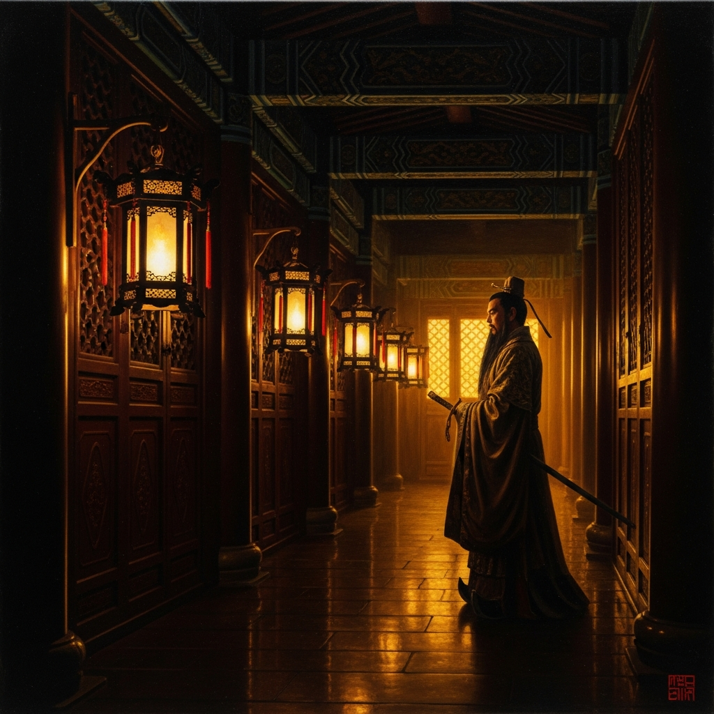 The corridor wall by lantern light. Shenxiu's verse on the right; Hui-neng's four lines, freshly dictated, on the left. Hongren reads both and says nothing.