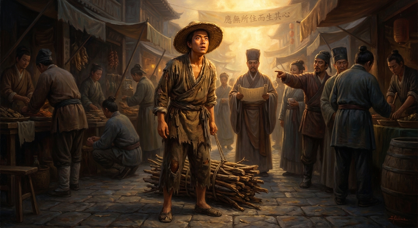 A woodcutter at the market freezes mid-step. A line of the Diamond Sutra has just opened the floor of his life.