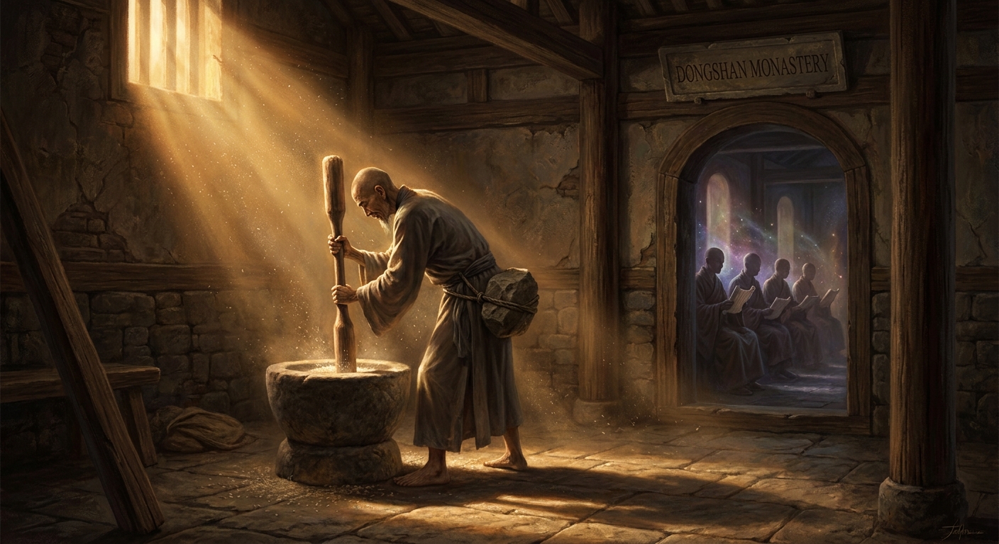 Eight months in the threshing room. He pounds rice with a stone tied to his belt to add weight to his thin frame.