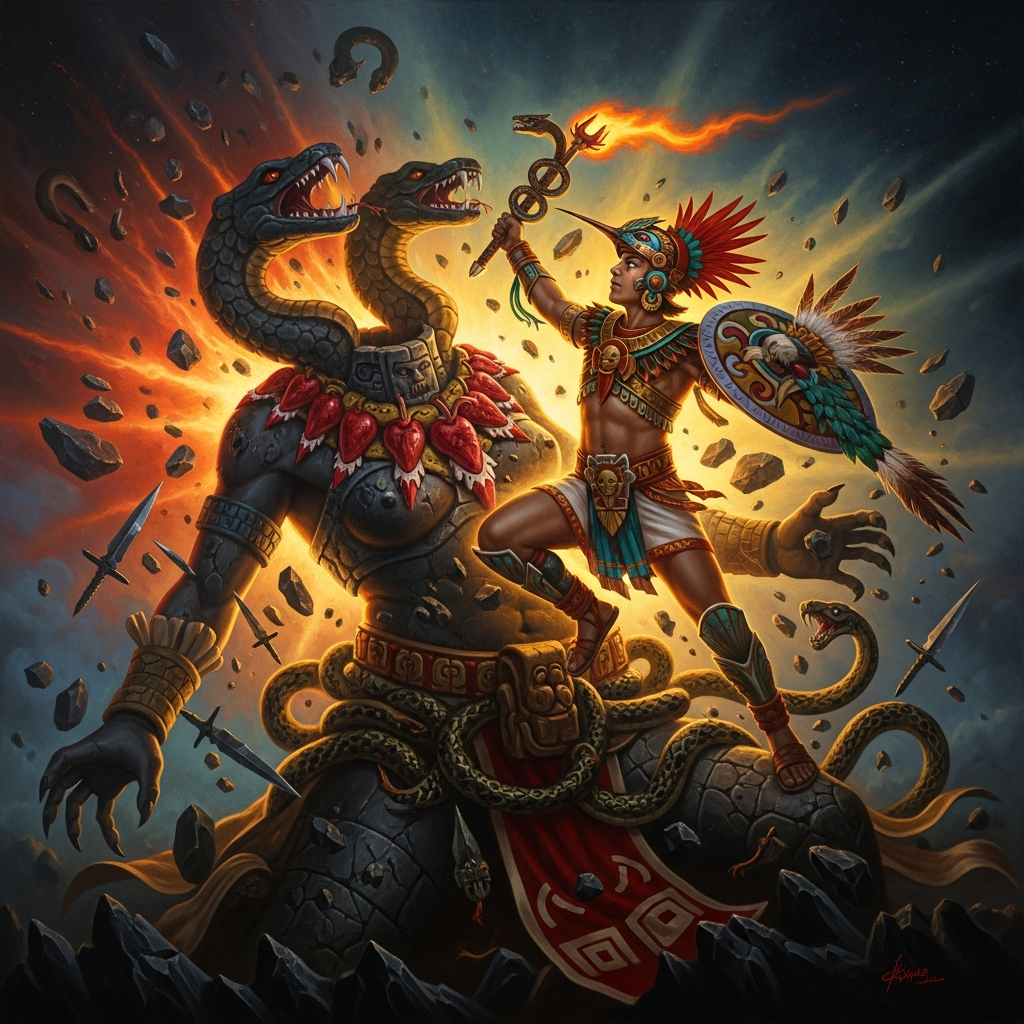 Huitzilopochtli bursting from Coatlicue's womb already armored, the fire-serpent Xiuhcoatl blazing in his hand. Coyolxauhqui is already falling, dismembered, her body tumbling down the pyramid steps. Dawn light breaking behind him.