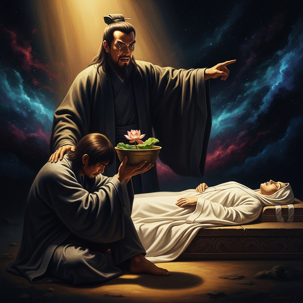 Huizi stands over his friend, gesturing at the bowl, his face torn between grief for the dead woman and disbelief at the living man.