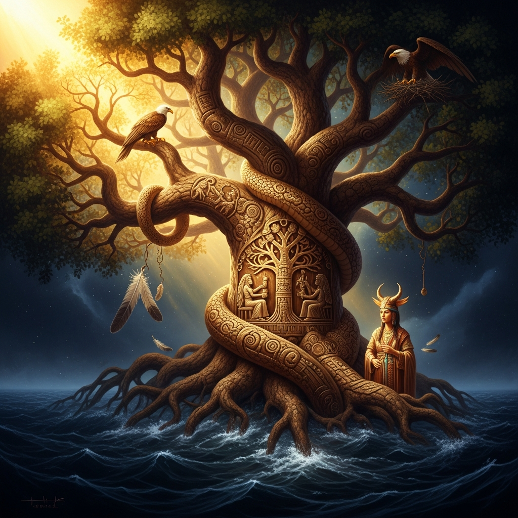 The huluppu tree in Inanna's garden, grown tall after years of tending: at the root, the snake who could not be charmed; in the crown, the Anzu bird with its young; in the trunk, the dark maid Lilith with her house built in the heartwood.