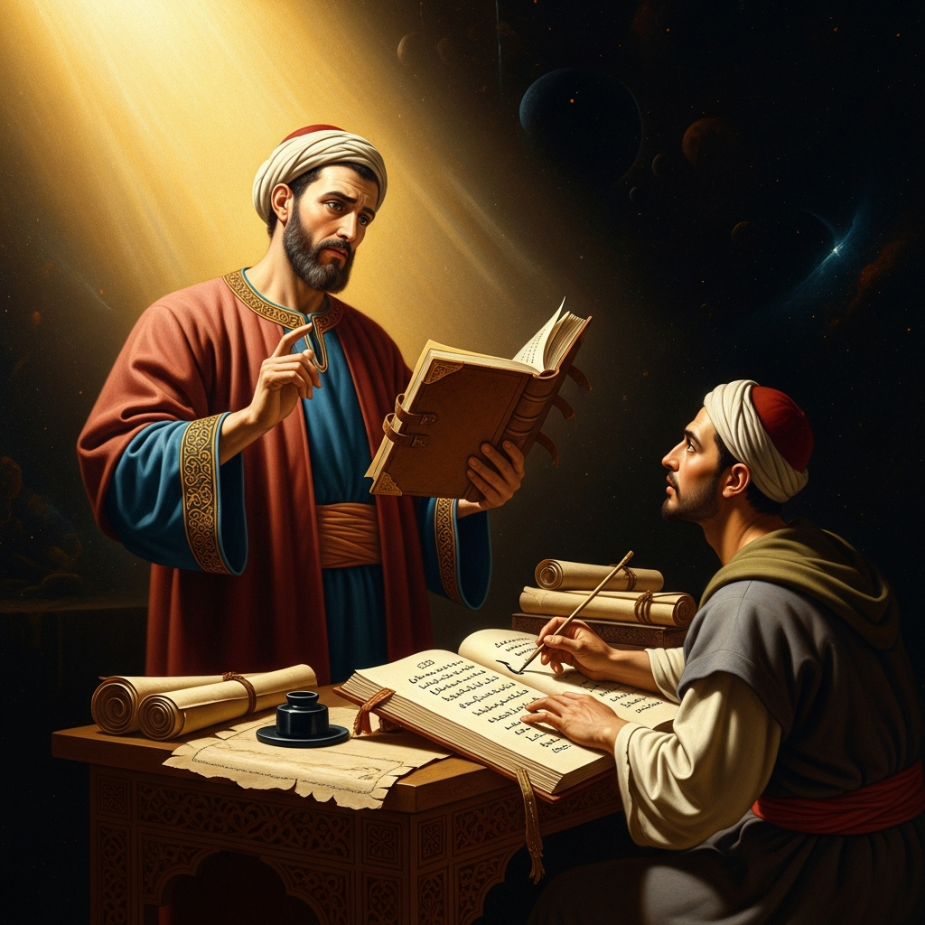 Hunayn ibn Ishaq, the Nestorian Christian physician, holds a Syriac manuscript of Galen in one hand and dictates the Arabic rendering to a scribe — searching first for existing translations to correct before writing new ones.
