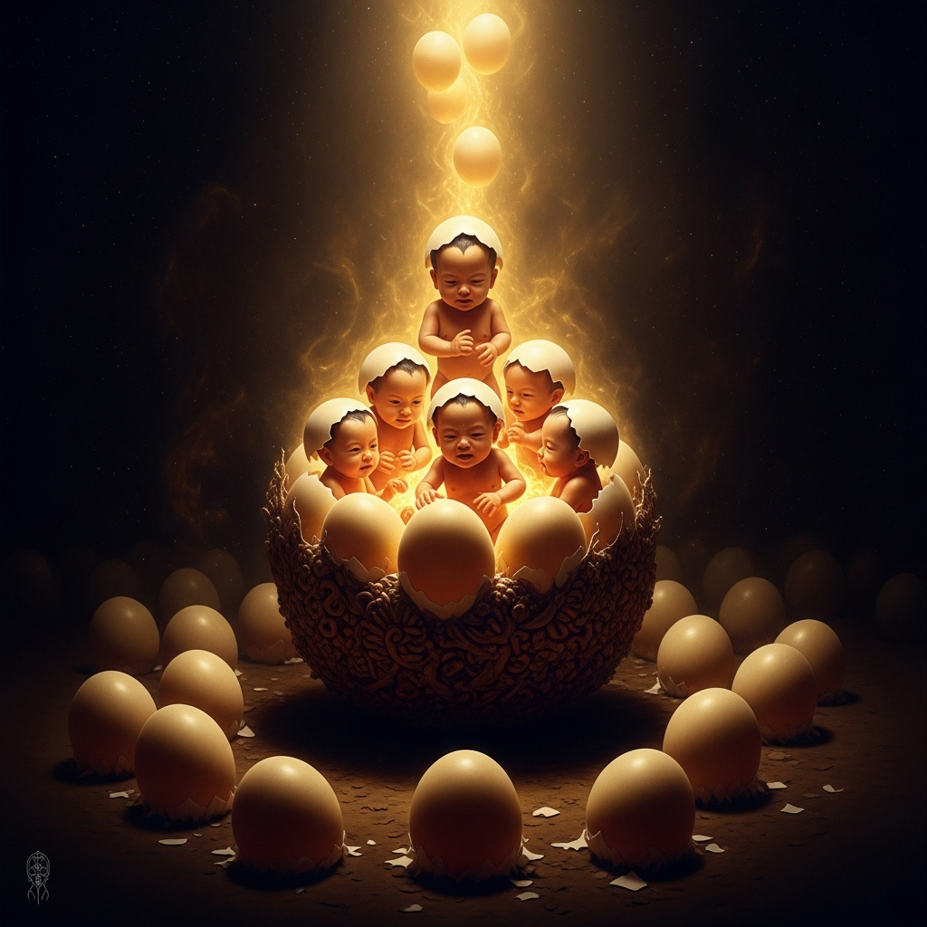 The sac of one hundred eggs, and from it one hundred sons. Vietnamese mythological tradition is specific: the eggs hatch all at once, in a single miraculous moment. The sons are born already plural, already a people, already the multiplicity that will become the hundred tribes of the Vietnamese nation.