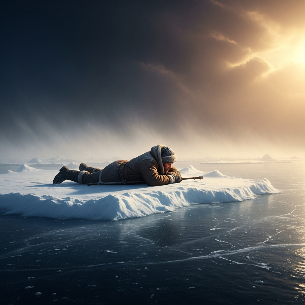 A hunter alone on sea ice in a full Arctic blizzard. Visibility is perhaps three meters. The ice is making sounds — the deep percussion of pressure ridges forming and collapsing. He cannot see the shore. He lies flat on the ice, cheek against it, and listens. What he hears is not wind. It is something using wind.