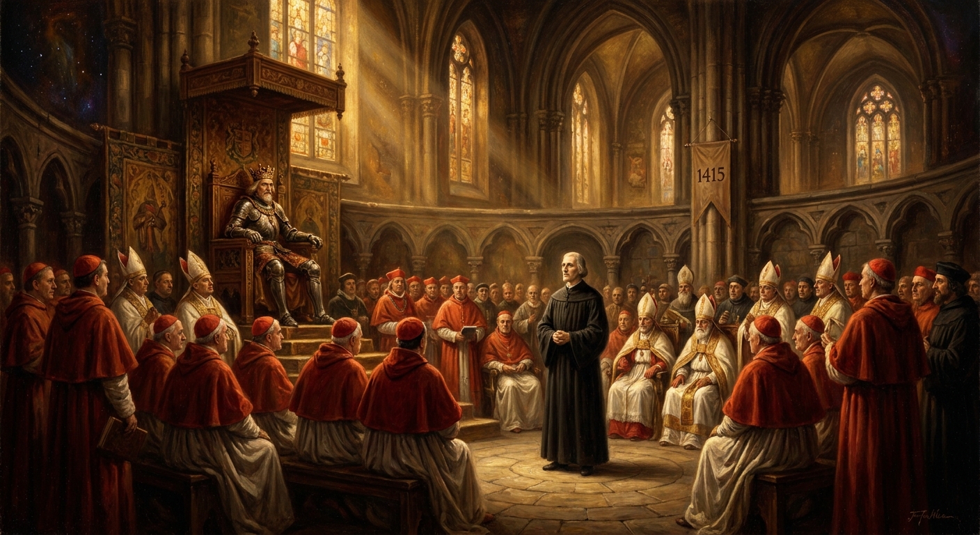 Jan Hus stands before the Council of Constance, July 1415. The cardinals demand abjuration; he answers that he will recant only what scripture or sound reason can disprove. The imperial safe-conduct in his cloak is, by this point, already paper.