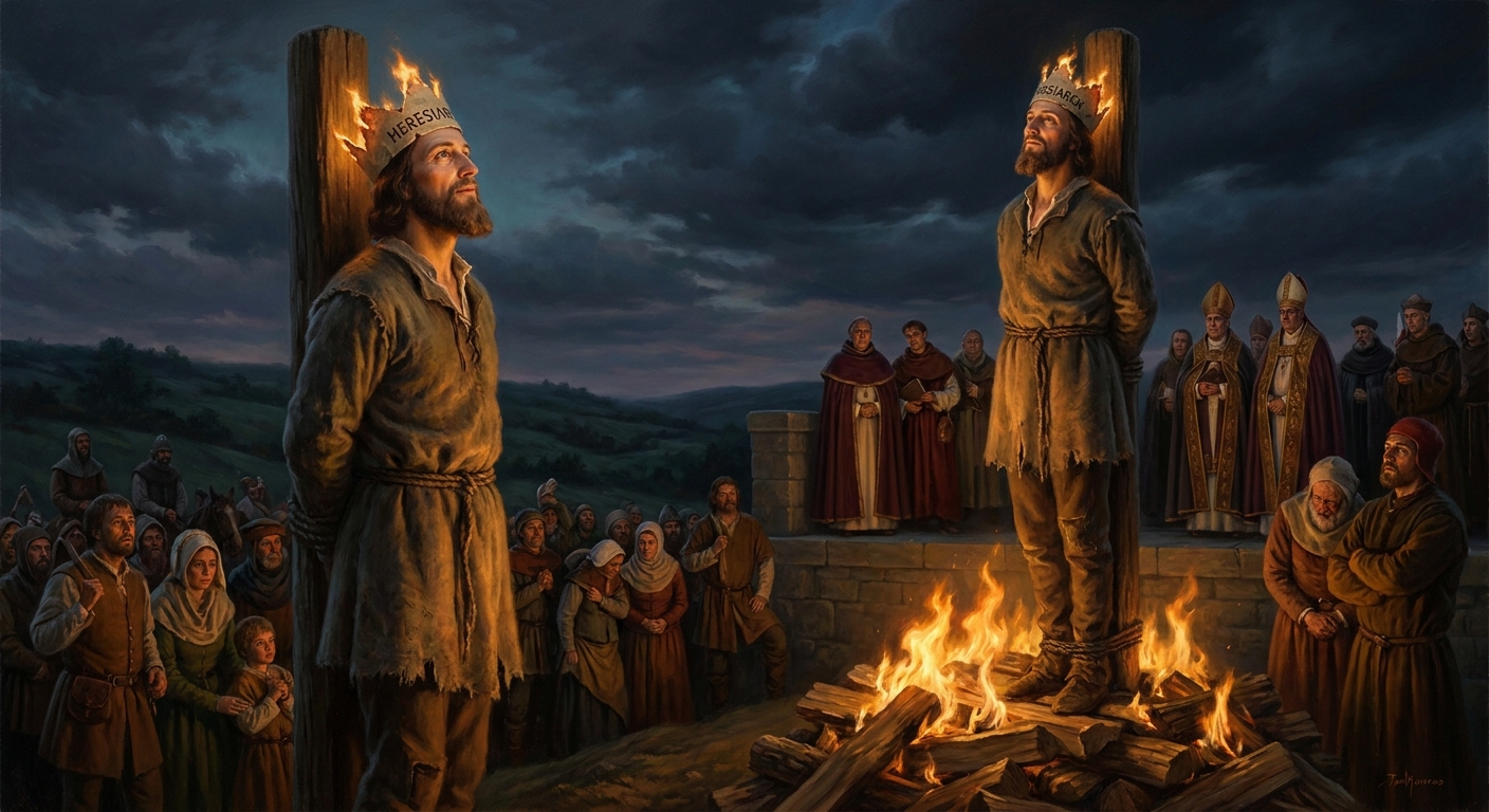 Tied to the stake outside the city walls, the paper crown of demons on his head, Hus sings the Kyrie until the smoke takes his voice. His ashes are dumped in the Rhine to prevent any relic — but the river runs east toward Bohemia.