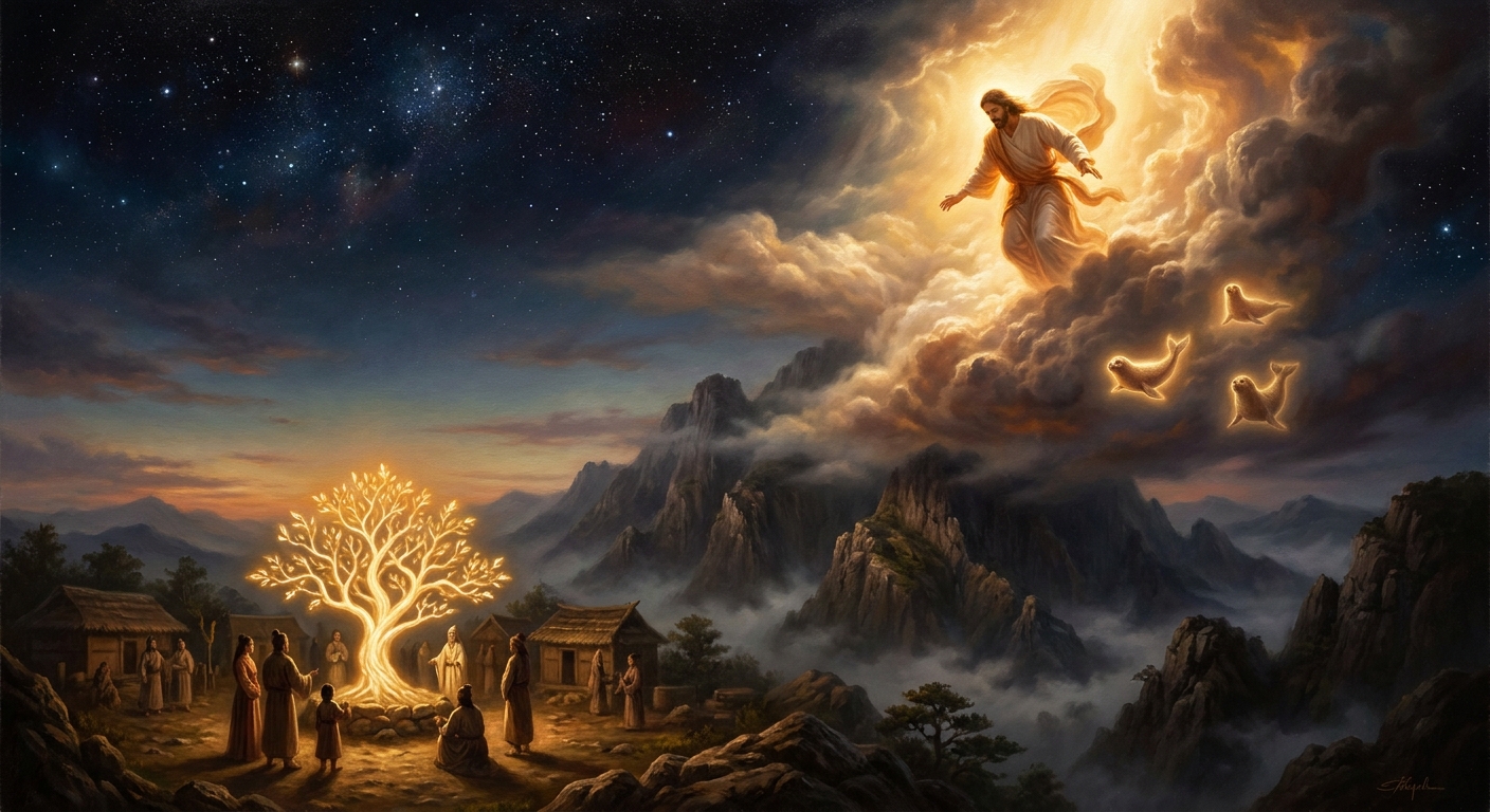 Hwanung descends Mount Taebaek with three thousand spirit-followers and three heavenly seals. He establishes the Sacred City beneath a sandalwood tree and assumes dominion over wind, rain, and clouds — the agricultural triad. The peak is still claimed by both Koreas as the cosmic axis of the peninsula.