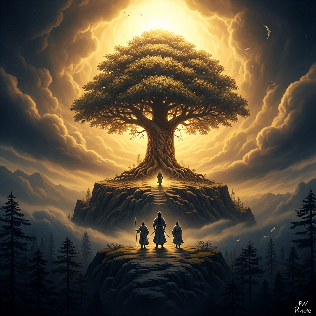 Hwanung descends to the Sindansu — the divine sandalwood tree on the summit of Taebaeksan — with three thousand spirit-followers and three heavenly seals. Wind, Rain, and Cloud arrive with him. The Sacred City of Sinsi rises from the cedar slopes.