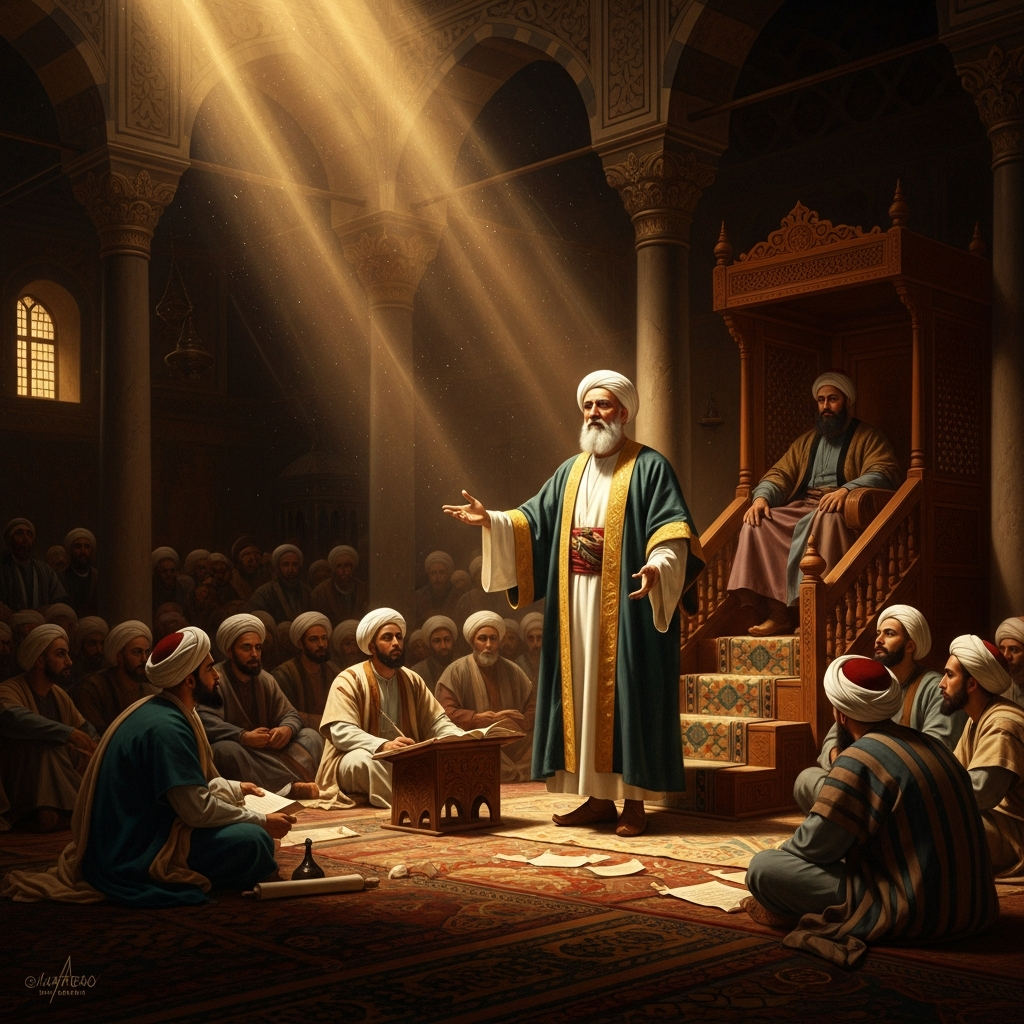 Cairo in his sixties: he teaches at the al-Azhar madrasa under Sultan Barquq, presides as chief Maliki judge, and watches the order he has analyzed continue to dissolve.