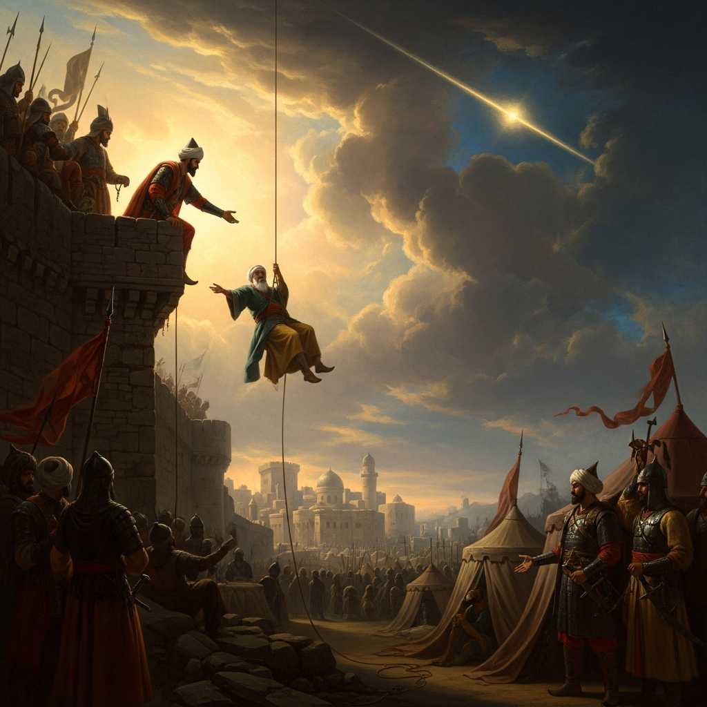 1401 Damascus: Ibn Khaldun is lowered by rope from the besieged city wall to negotiate with Timur, who wants to talk to the man who has theorized power.