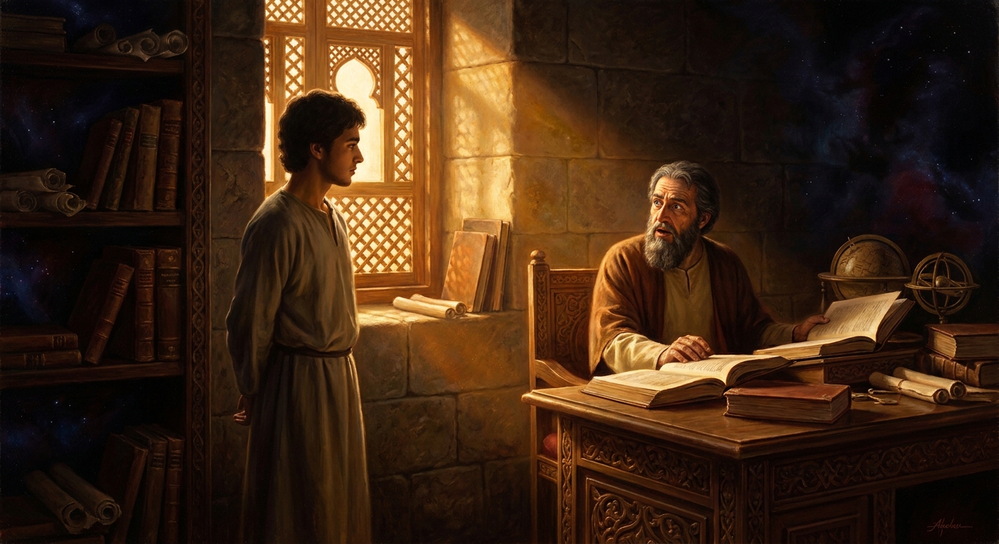 A beardless boy enters the Cordoba study of the great Averroes and answers the philosopher's question with a single *yes and no* that leaves the old rationalist trembling.