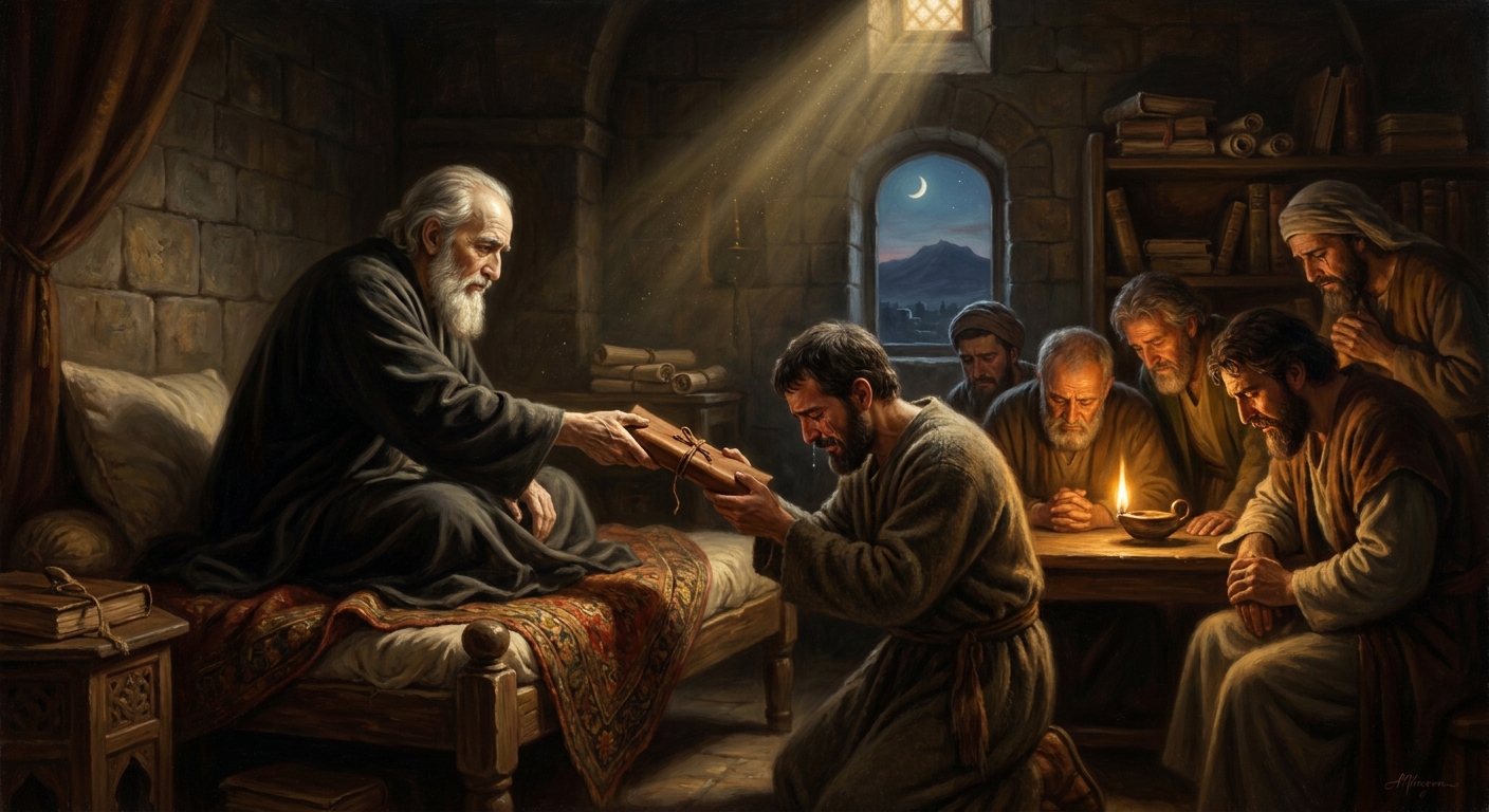 On his Damascus deathbed in 1240, the Greatest Master passes the *Fusus al-Hikam* into the hands of weeping disciples gathered in the lamplight of Mount Qasiyun.