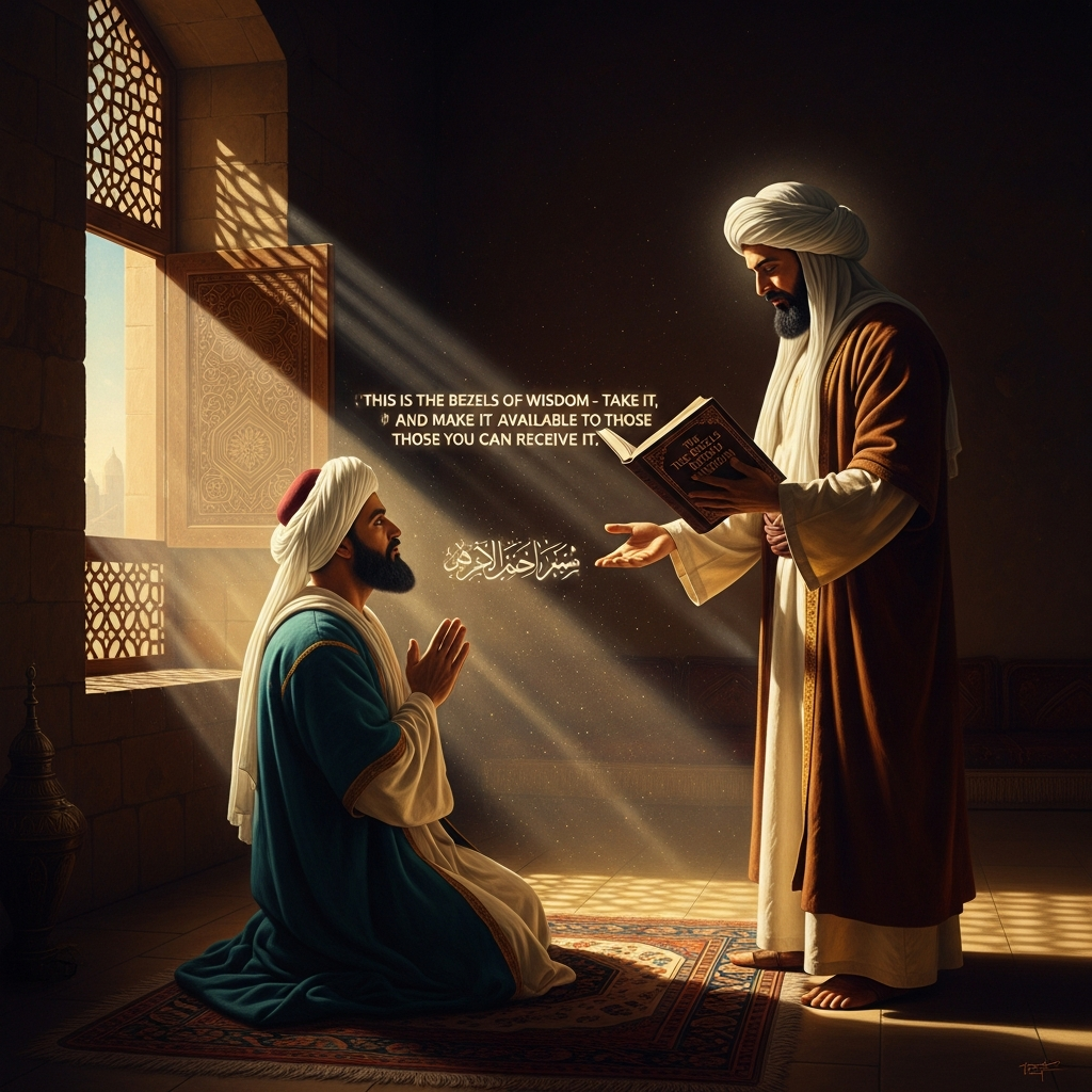 In his Damascus room at dawn, Ibn Arabi sees the Prophet holding a book and saying: this is the Bezels of Wisdom — take it, and make it available to those who can receive it.