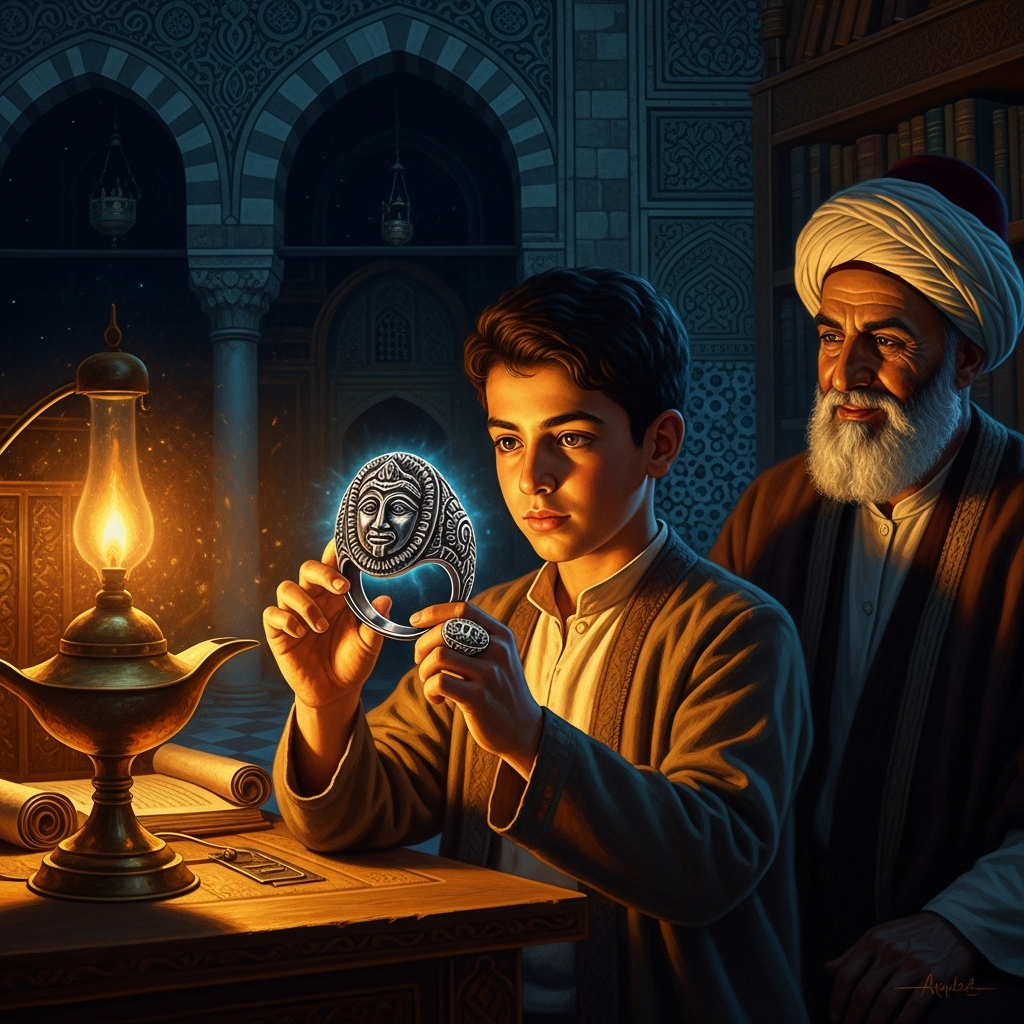 In the Damascus madrasa, a student holds a ring up to the lamplight and turns it slowly, watching the carved face catch the light from different angles, while Ibn Arabi watches him understand.