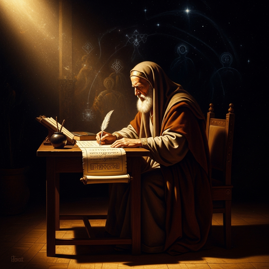 A scribe in Ibn Arabi's circle writes out the doctrine of wahdat al-wujud in gold on dark paper — the unity of Being, the cosmos as the self-disclosure of the One who has no face except all faces.