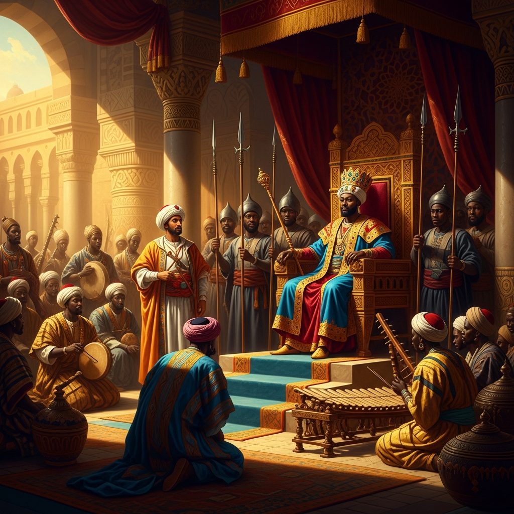 At the court of Mansa Sulayman in Mali, Ibn Battuta notes the formalities with diplomatic precision — the protocols of greeting, the gold dust scattered on the king's head, the women he is shocked to see going unveiled.