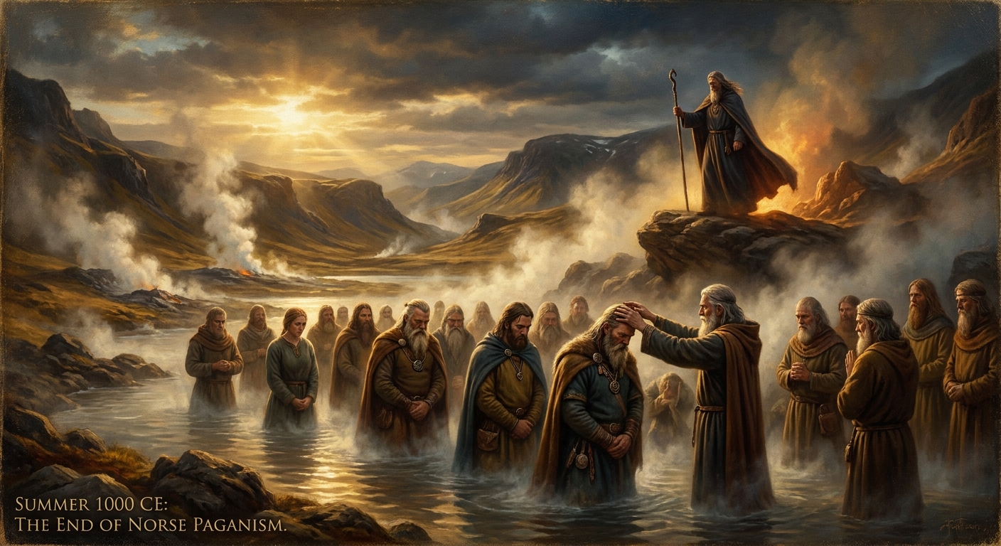 The mass baptism in the warm geothermal springs near Þingvellir — the cold of the highland lake refused, the thermal waters accepted, a pagan people entering the Christian world on their own terms.