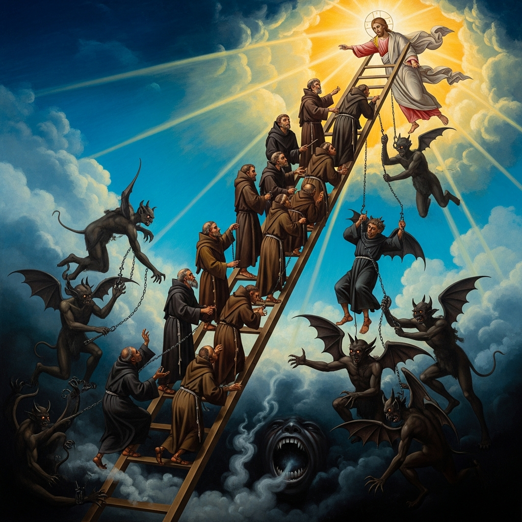 The icon of the Ladder of Divine Ascent — thirty monks climbing a wooden ladder against blue sky, demons with grappling hooks pulling some down toward a black mouth, Christ at the top reaching out