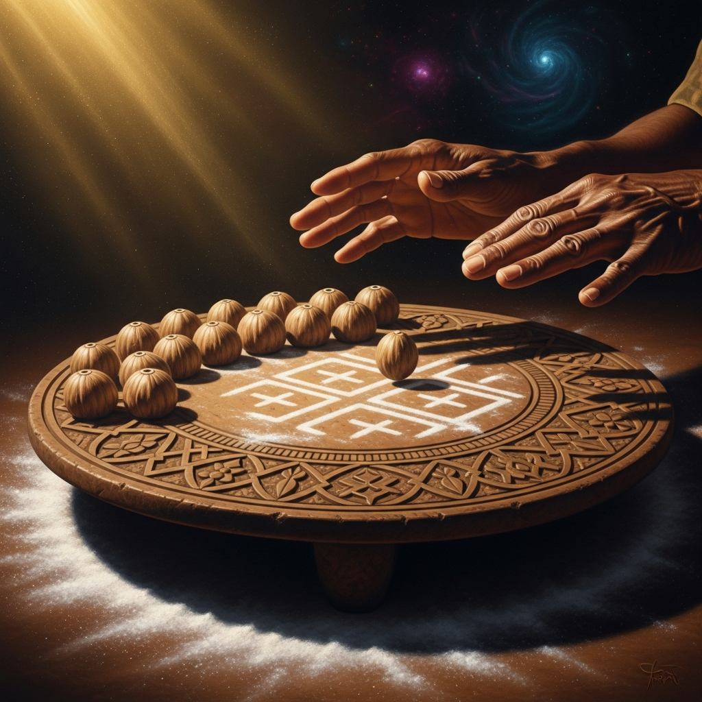 The opon Ifa: a carved wooden board dusted with white powder, the sixteen ikin palm nuts arrayed beside it, the diviner's hands above them before the first cast. The marks in the powder will form a gate.