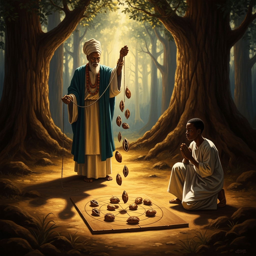 Orunmila demonstrates the opele chain in the sacred grove — sixteen seed pods falling onto the divining board, each a question and answer, the pattern assembling itself in the morning light as the student watches.