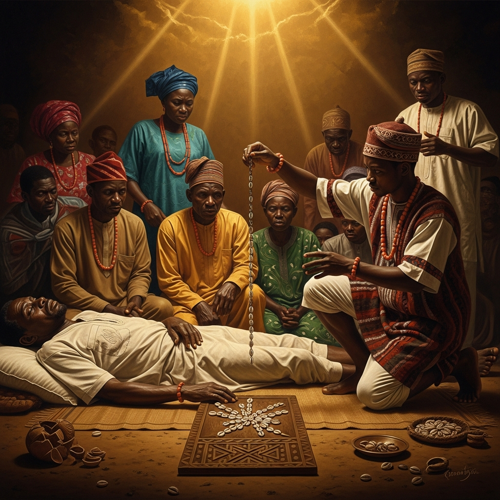 The dying man reclines on a mat, his family behind him, the student diviner kneeling with the chain above the board. The Odu has appeared. The student does not yet know how to say what it says.