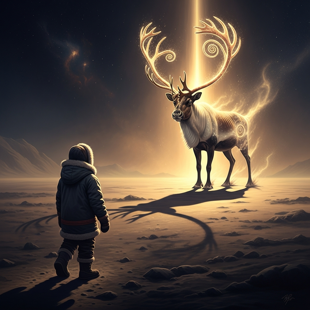 A child of perhaps seven years walks across the tundra toward what appears to be a caribou, except the caribou's legs are slightly wrong — too long at the wrong joints. The sky is low and gray. The settlement is behind her, now invisible. She does not notice when she stops being able to see it.