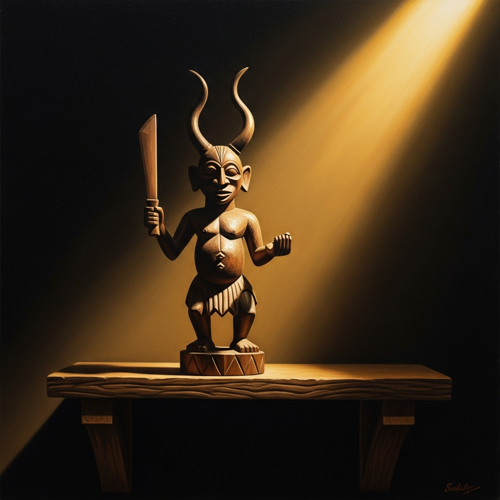 The ikenga on its shelf: carved hardwood, twin-horned, one hand raised with a machete and one cupped open. The altar of personal will — the place where a man addresses the god inside himself.