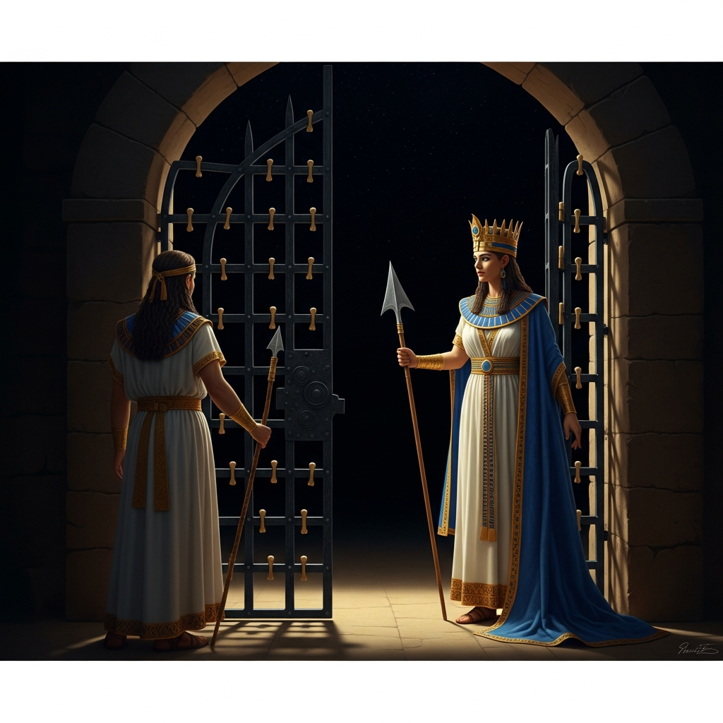 Inanna at the first gate of the Great Below, still crowned and robed in all her divine authority, the gate attendant Neti before her in the dark — Inanna in gold and lapis, the underworld gate black iron studded with bone, the darkness absolute beyond it.