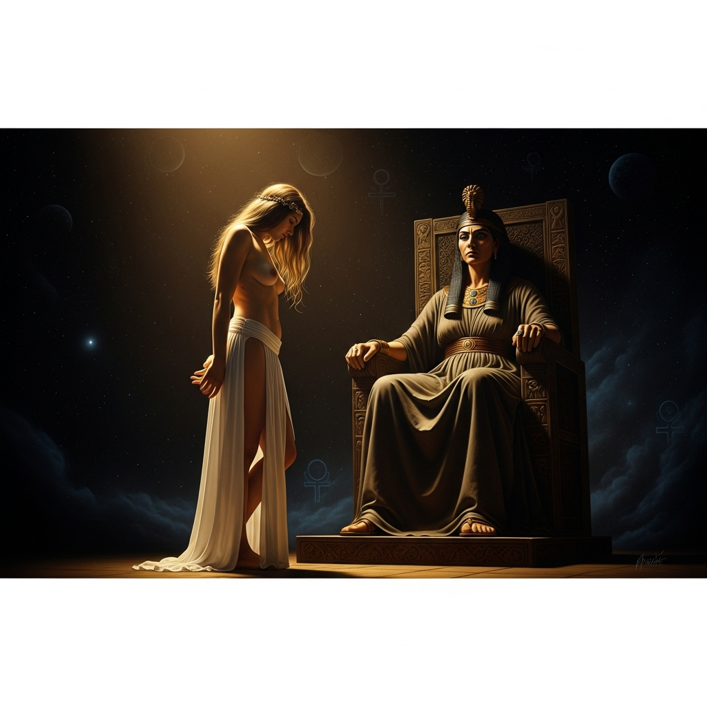 Inanna stripped of every garment, standing naked and defenseless before Ereshkigal's throne in the cold light of the underworld — the Queen of the Dead looking down at her sister with neither mercy nor malice, only the absolute law of that place.