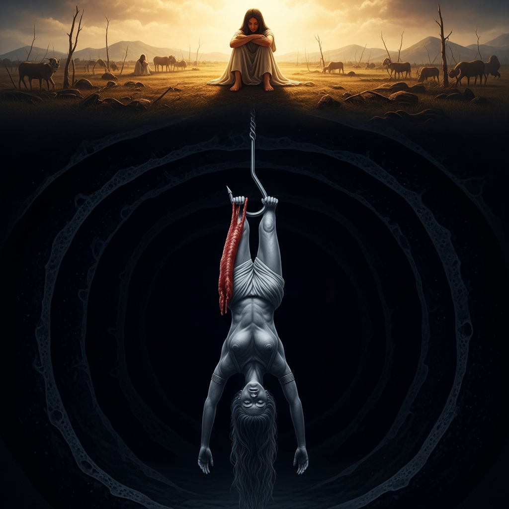 Inanna hung on a meat hook in the underworld, her body gray as clay, the darkness of the Great Below pressing in from all sides — while above, in a world gone still, Ninshubur sits on the earth and weeps, the fields empty, the animals silent.