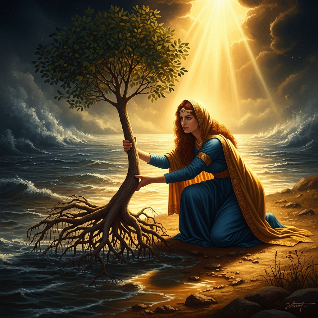 Inanna on the bank of the Euphrates during the great flood, finding the young huluppu tree uprooted by the waters, its roots bare, and deciding to carry it back to plant in her holy garden at Uruk.