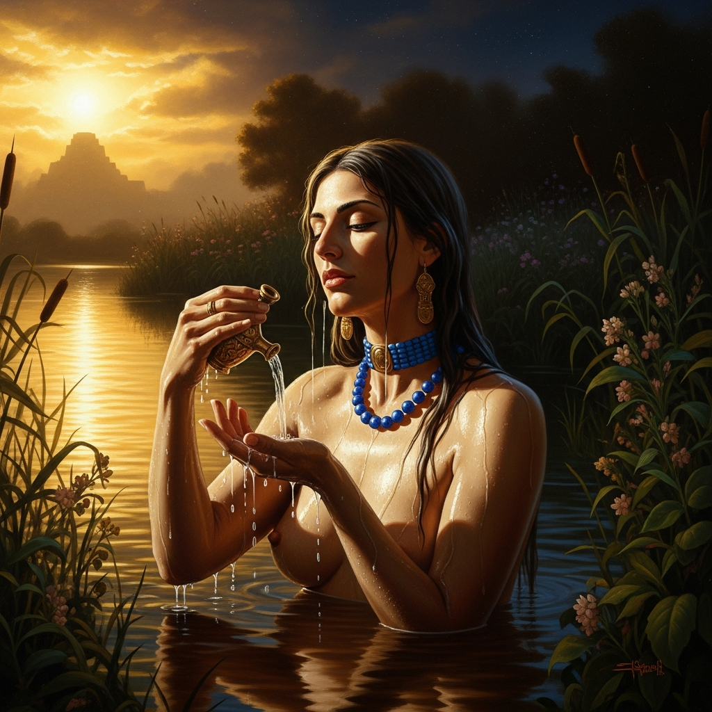 Inanna prepares herself by the sacred river — lapis lazuli at her throat, cedar oil on her skin, the ritual bath before the king arrives.