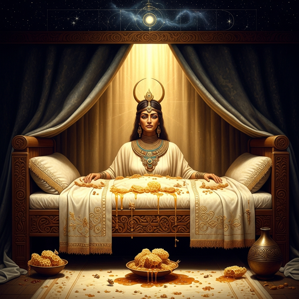 The cedar bed of Inanna, draped with linen and honey-comb, where the hieros gamos is consummated and the city's fertility is sealed.