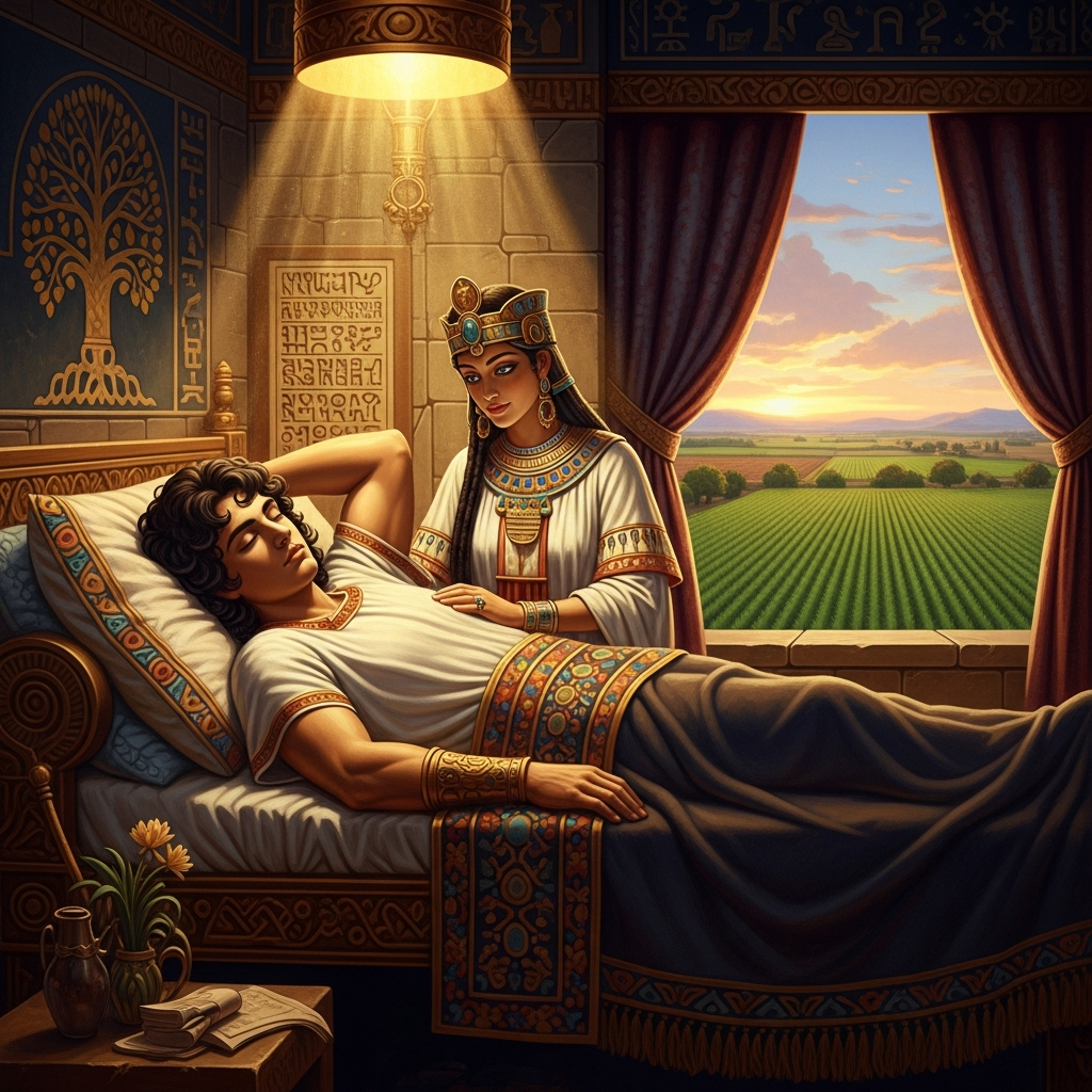 Dawn after the sacred marriage — Dumuzi sleeps and the fields outside Uruk have already begun to green.