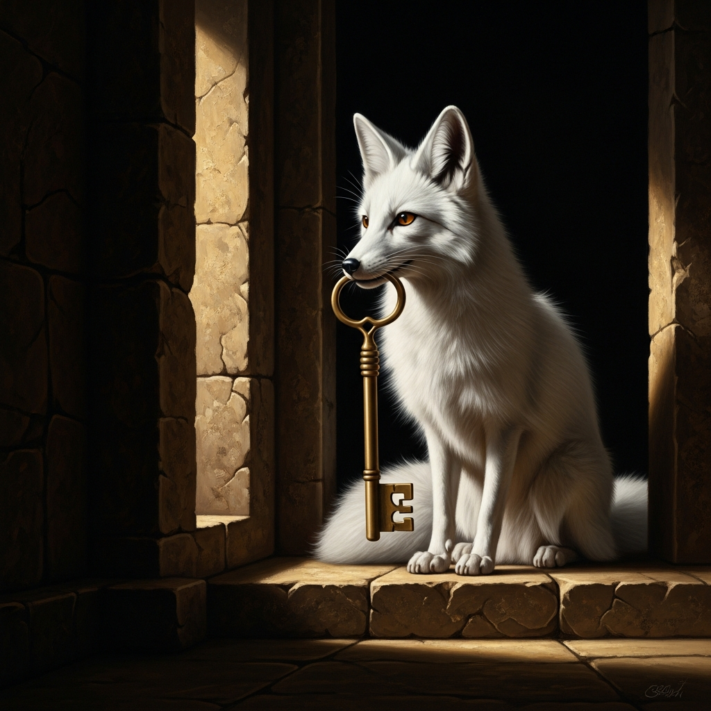 The fox sits at the inner shrine, white against the stone, watching. In its mouth: the key to the rice granary. It waits to see what the merchant will say.