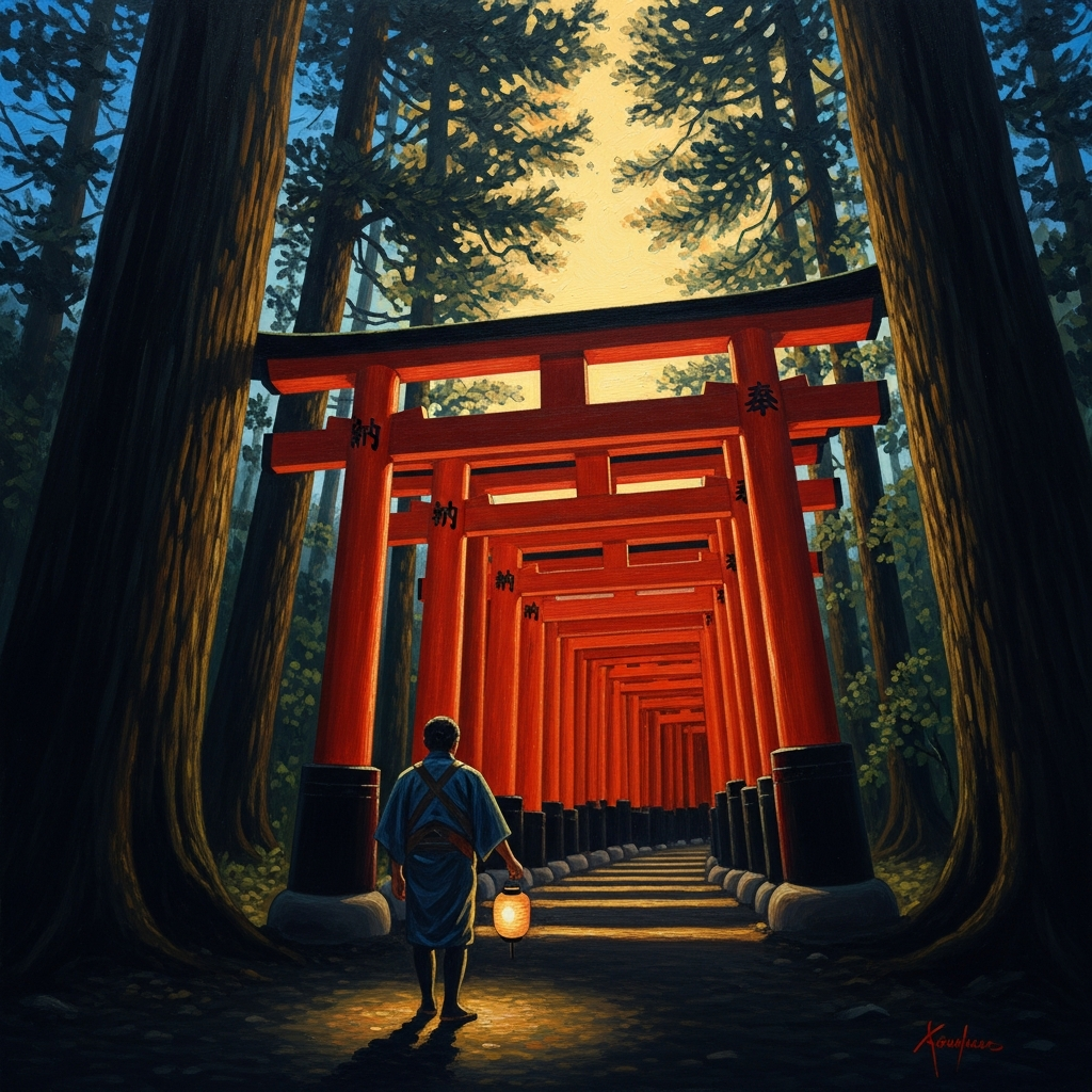 The vermillion torii gates of an Inari shrine rise in the pre-dawn. The merchant passes through them one by one, his lantern small against the cedar dark.