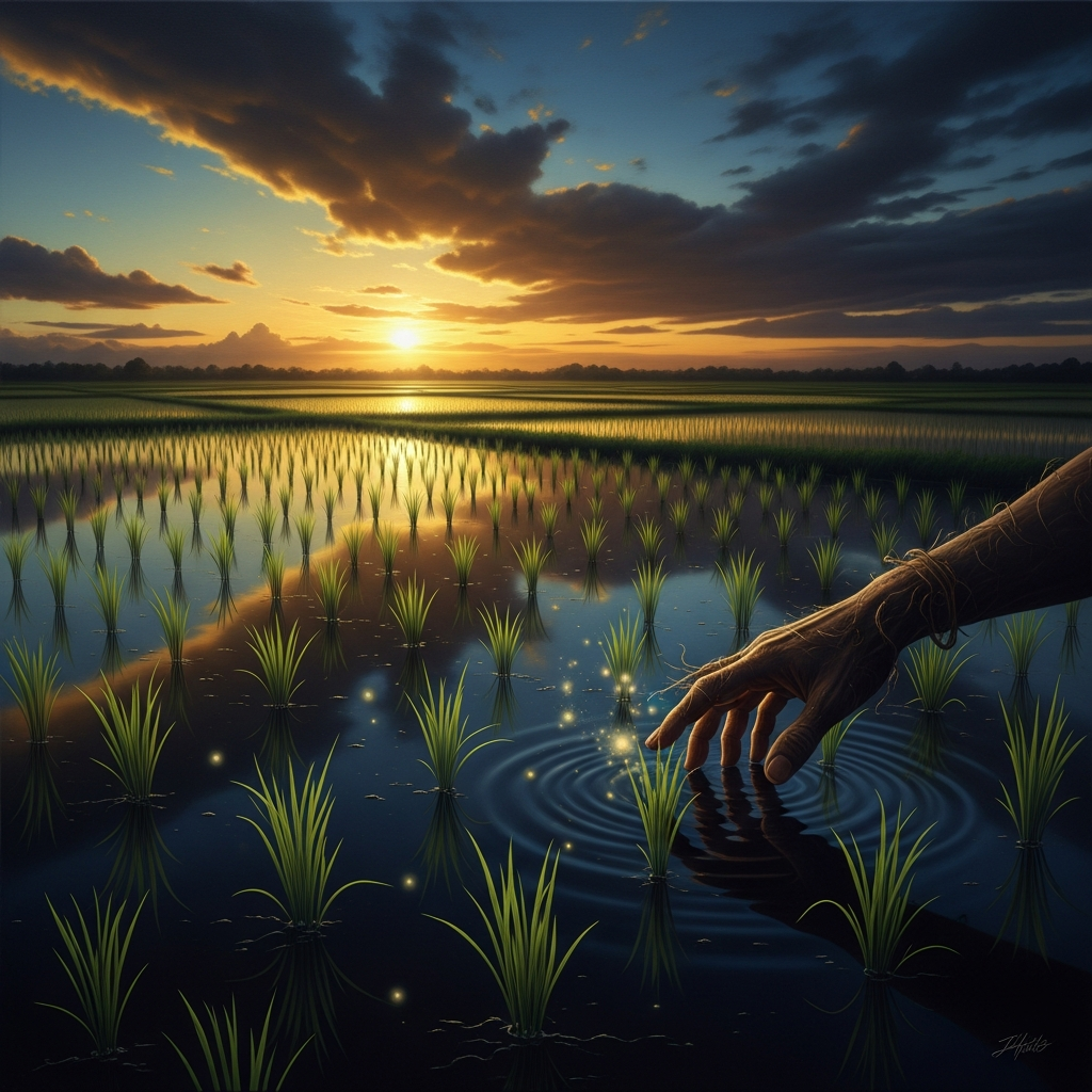Dawn over the rice paddies. The first shoots emerge from the flooded field — green against the dark water. The debt is being paid in the oldest currency.